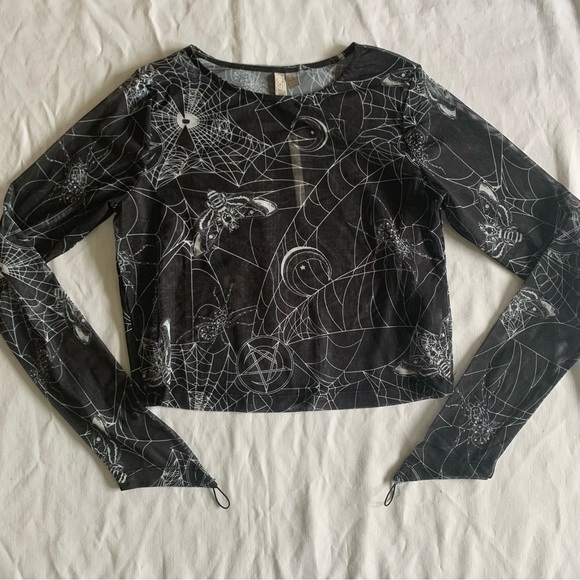ASOS Top Black Sheer Cropped Long Sleeve Spider Web Moth Print Gothic Trad Goth - Picture 2 of 14
